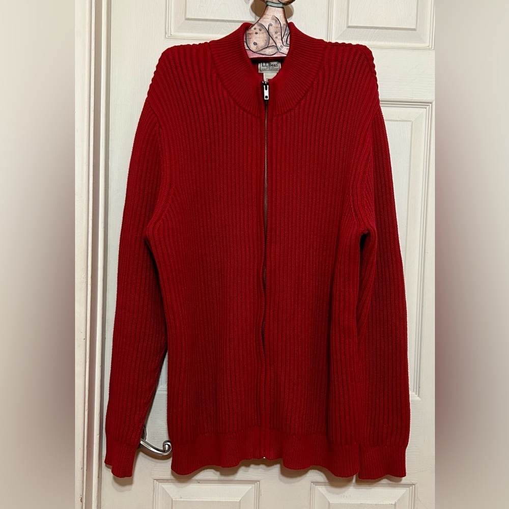 LL BEAN Mens Full Zip Chunky Knit Ribbed Sweater Cardigan red Size XXL Tall